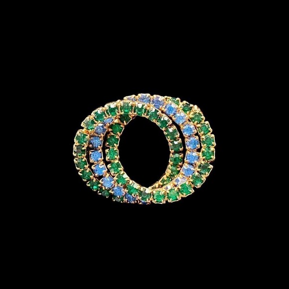 Unbranded Jewelry - Vintage Brooch Blue Green Rhinestones Three Intertwined Circles Gold Tone Pin